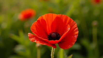 Fototapeta premium Artistic close-up of a red poppy, textured petals highlighted with shimmering droplets, captured with shallow depth of field for dreamy focus.