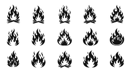 Dynamic collection of stylized black fire icons for design projects