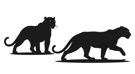 Majestic black panthers prowling with fierce amber eyes, exuding power and elegance in striking silhouette