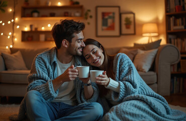 Young couple enjoys warm drinks in cozy living room at night. Share comfortable moment wrapped in blankets, laughing, talking. Affectionate interaction creates warm, romantic atmosphere, perfect for
