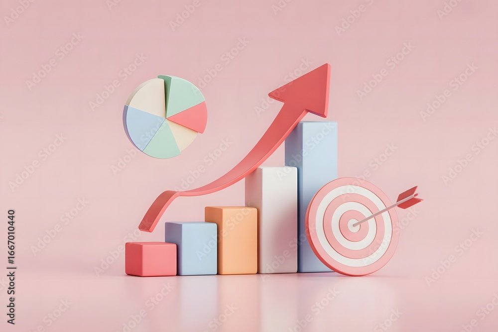 Poster conceptual business growth illustration with bar graph pie chart arrow and target on a pink backgrou