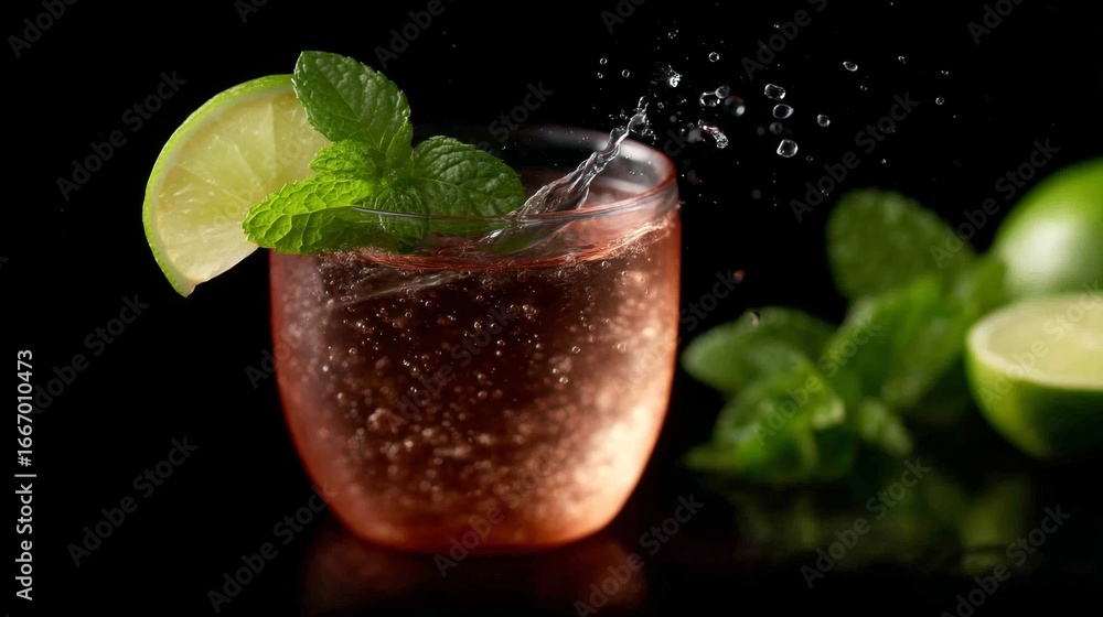 Poster refreshing drink with mint and lime. sparkling bubbles create a lively atmosphere. perfect for summe