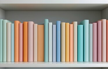 Bookshelf of Colored Book Spines: A neatly arranged row of colorful book spines. Each book radiates subtle textures. These hardcovers invite exploration, offering a visual feast for book enthusiasts.