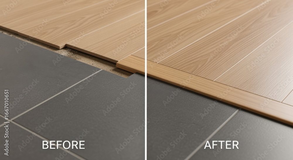 Poster sidebyside comparison of flooring before and after installation of tiletowood tmold transition strip