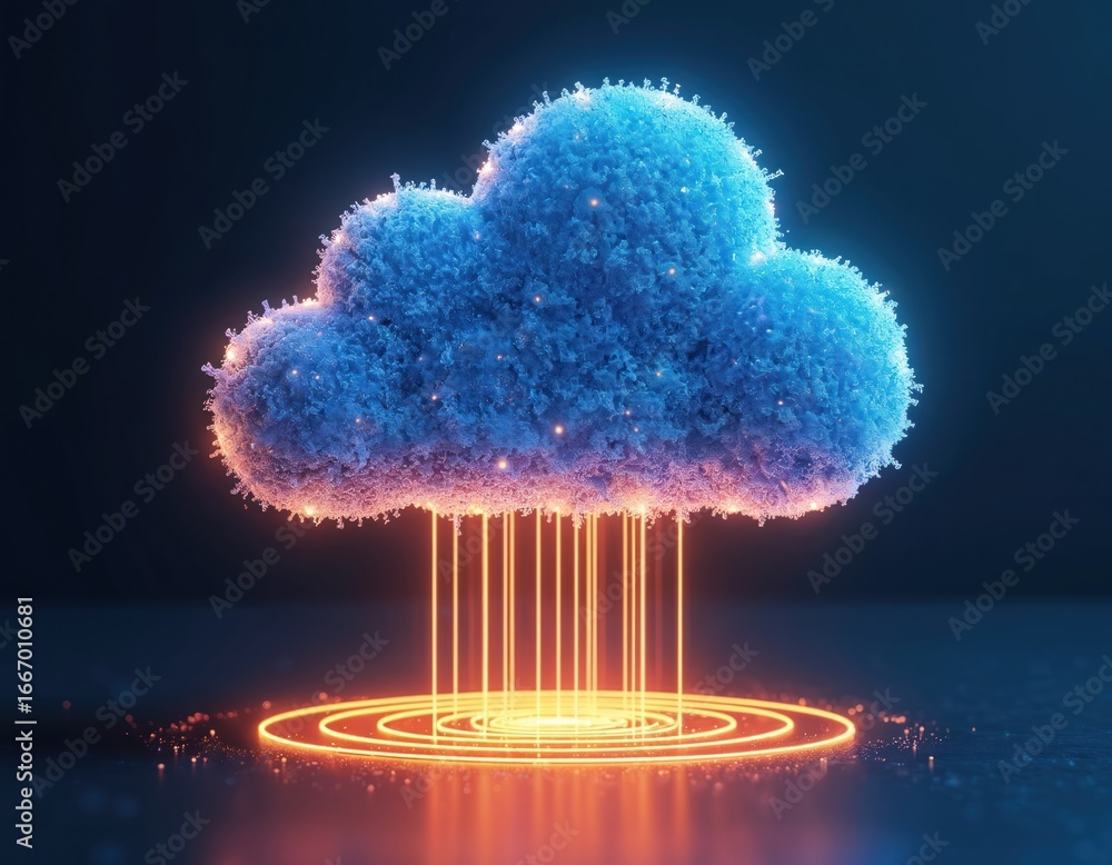 Poster stylized cloud icon composed of luminous particles, data streams descending into glowing circular ba