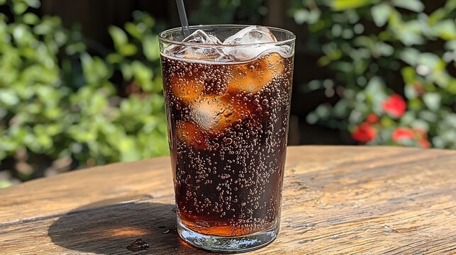 Iced cola fizzing bubbles and ice cubes in highball glass on outdoor summer table