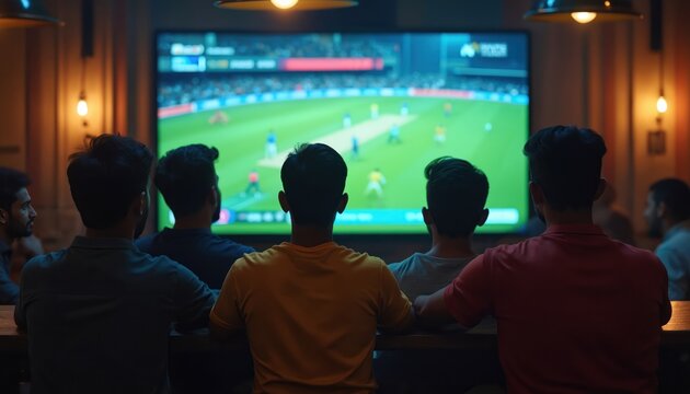 Group of Indian men engrossed watching cricket match on giant TV screen inside sports bar. Friends gather for entertainment at eatery, enjoying event with focus on game, crowd atmosphere, indoor