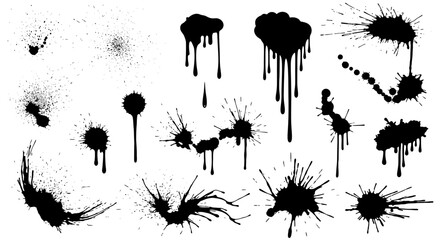 Dynamic black ink splatters and drips create artistic textures for striking design projects