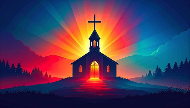 a picturesque church silhouetted against a vibrant sunset. The cross atop the building stands out, illuminated by the light, with a captivating background of colorful clouds and mountains