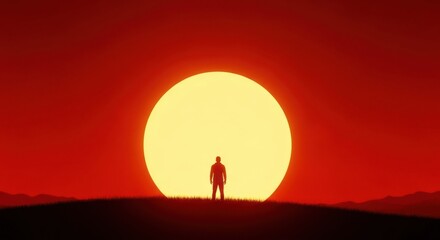 Lone figure silhouetted against a massive setting sun over rolling hills