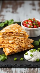 Chicken quesadillas with salsa and sour cream