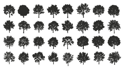 Diverse tree silhouettes for landscape designs and nature illustrations, ideal for botanical studies and park layouts