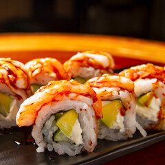 sushi, Chinese and Japan food. Fish