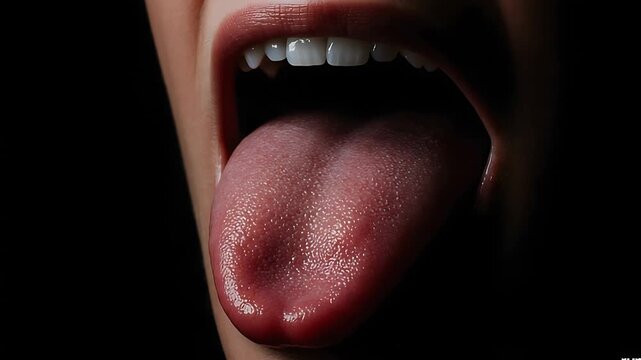 Human Mouth Close-Up with Tongue Extension on a Dark Background Video for Health Topics