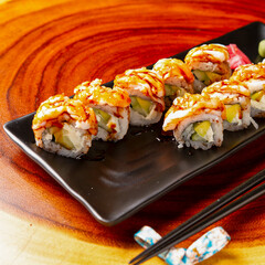 sushi, Chinese and Japan food. Fish