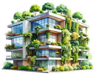 Watercolor Artistic Apartment Building with Rooftop Trees and Vertical Garden, Transparent Background