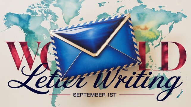 World Letter Writing Day, Shiny blue envelope with white card announcing global writing celebration. - Powered by Adobe