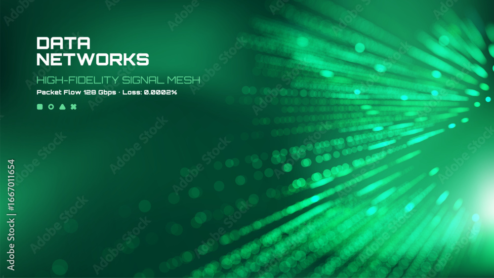 Poster data networks high-fidelity signal mesh. abstract green background with glowing light particles. tec