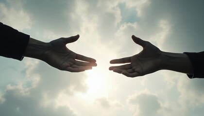 Silhouetted hands reach out towards against cloudy sky. One hand extends from left, from right, connection, support, salvation. Gesture conveys powerful message of hope, teamwork, human relationships.