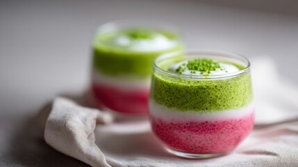 Colorful dessert cups showcase vibrant layers of green, white, and pink. Ideal for a refreshing treat. Perfect for occasions or casual enjoyment. Brighten your table with this tasty delight. AI
