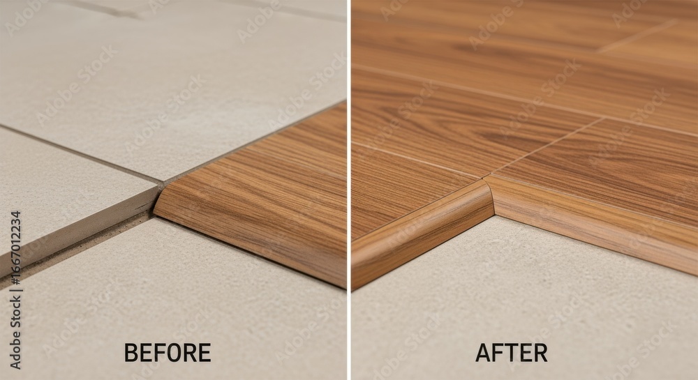 Poster sidebyside comparison of flooring before and after installation of tiletowood tmold transition strip