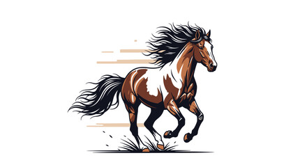 Majestic brown and white horse gallops powerfully with flowing mane and tail, conveying freedom and speed.