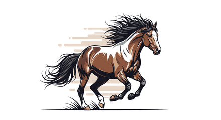 Dynamic brown horse with flowing mane gallops powerfully, conveying speed and freedom
