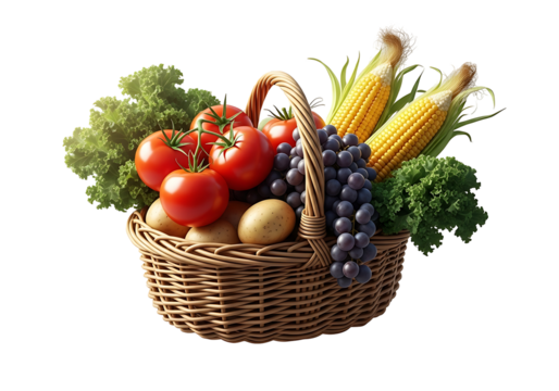A wicker basket brimming with fresh produce, featuring vibrant tomatoes, potatoes, corn, grapes, and kale, arranged in a visually appealing composition against a stark black backdrop.