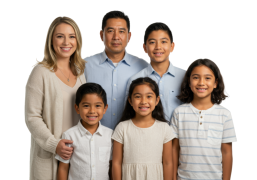 Multi-generational Hispanic family in soft pastels, smiling genuinely, posing closely in a bright studio with a transparent background. Heartwarming multi-generational family unity concept