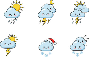 Cute weather icon set – kawaii clouds with rain, snow, lightning, sun, moon, thunderstorm, and winter hats, cartoon style.