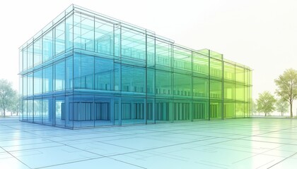 Transparent glass building blueprint shows sustainable data center design. Modern architecture features green, blue gradient, wireframe elements, daylight integration. Planning for construction,
