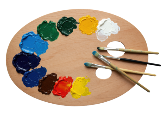 Meticulously arranged oval wooden artist's palette with vibrant thick oil paint blobs & three professional paintbrushes on a transparent background, luminous. Concept of strategic business