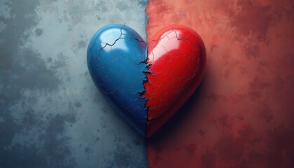 Abstract illustration of cracked heart divided into blue, red halves, unity, contrast. Textured grunge background features stormy blue, deep red colors. Represents duality, passion, love, conflict.