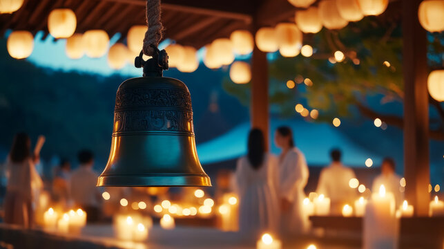 Midnight serenity at a temple with lanterns and bell ringing ceremony