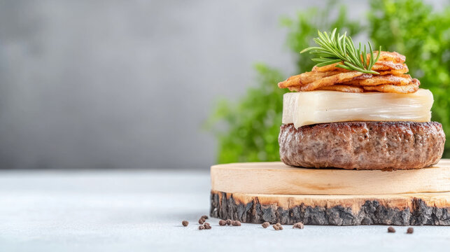 Gourmet dish featuring grilled beefcake with bone marrow and crispy garnish for culinary design