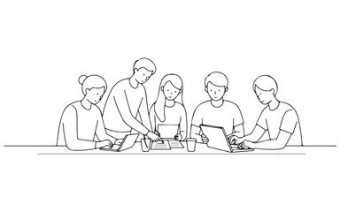 Diverse group of people collaborating around a table with laptops collaboration teamwork