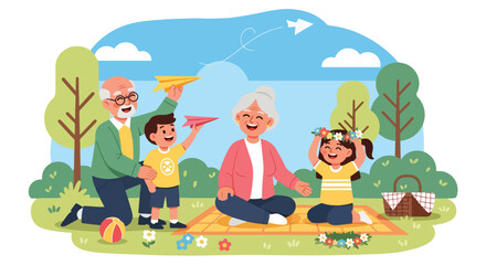 Adobe illustrator artwork vector illustration of a happy family, grandparents and grandchildren enjoying a picnic at the park, with the children flying a paper plane