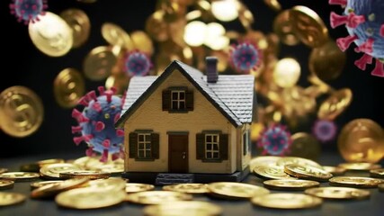 COVID19s Impact House surrounded by gold coins virus particles Financial crisis concept. - Powered by Adobe