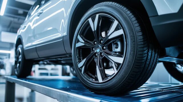 Closeup of a shiny new car tire and alloy wheel on a lift in a modern auto repair service garage 4k video