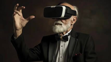 Elegant senior man in tuxedo engaging with virtual reality in refined studio setting - Powered by Adobe