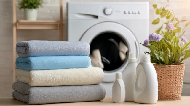 Neatly folded towels in various colors sit beside laundry detergents. A washing machine is visible in the background, ready to clean clothes. This setup highlights an organized laundry space.