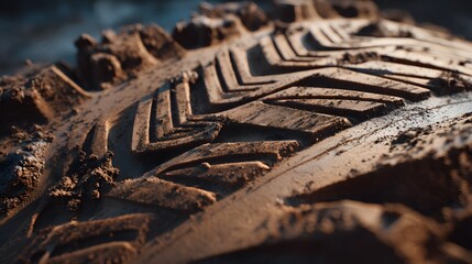 A closeup shows the tread pattern of a muddy tire