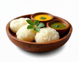 Traditional Indian Idli served with spicy green chutney, savory yellow sambar in rustic wooden bowl. Healthy vegetarian meal offers taste of South Asian culinary heritage, perfect for breakfast