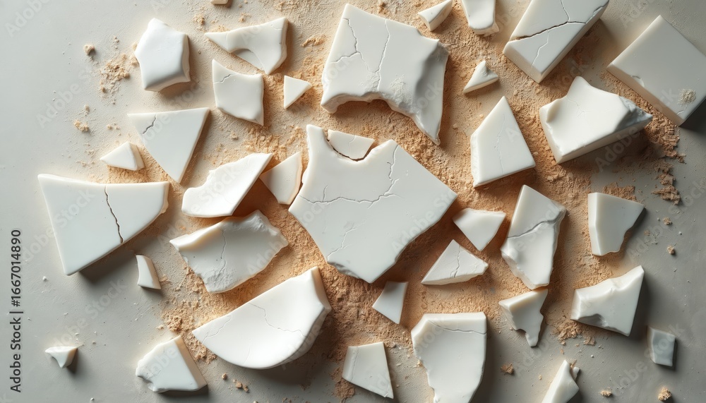 Poster close-up of broken white ceramic pieces scattered on a surface, creating an artistic texture and pat