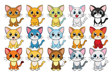 Fototapeta premium Vector art of a collection of fifteen cute and colorful cartoon cats in various poses, isolated on a