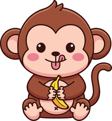 Obraz premium Cartoon Vector Illustration of Playful Monkey Sitting with Peeled Banana, Tongue Out, and Expressive Eyes on White Background