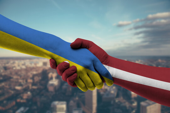 Shaking hands Ukraine and Latvia - Powered by Adobe