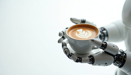 Robot barista serves latte with latte art. Futuristic machine offers hot coffee beverage. Automation in cafes and hospitality, AI in service industry. Future of food and drink.
