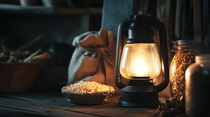 Lantern and dried food stored in earthquakeready kit