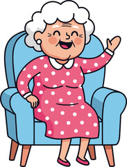 Cartoon Vector Illustration of Smiling Elderly Woman Waving in Pink Polka-Dot Dress Sitting on Blue Armchair on White Background